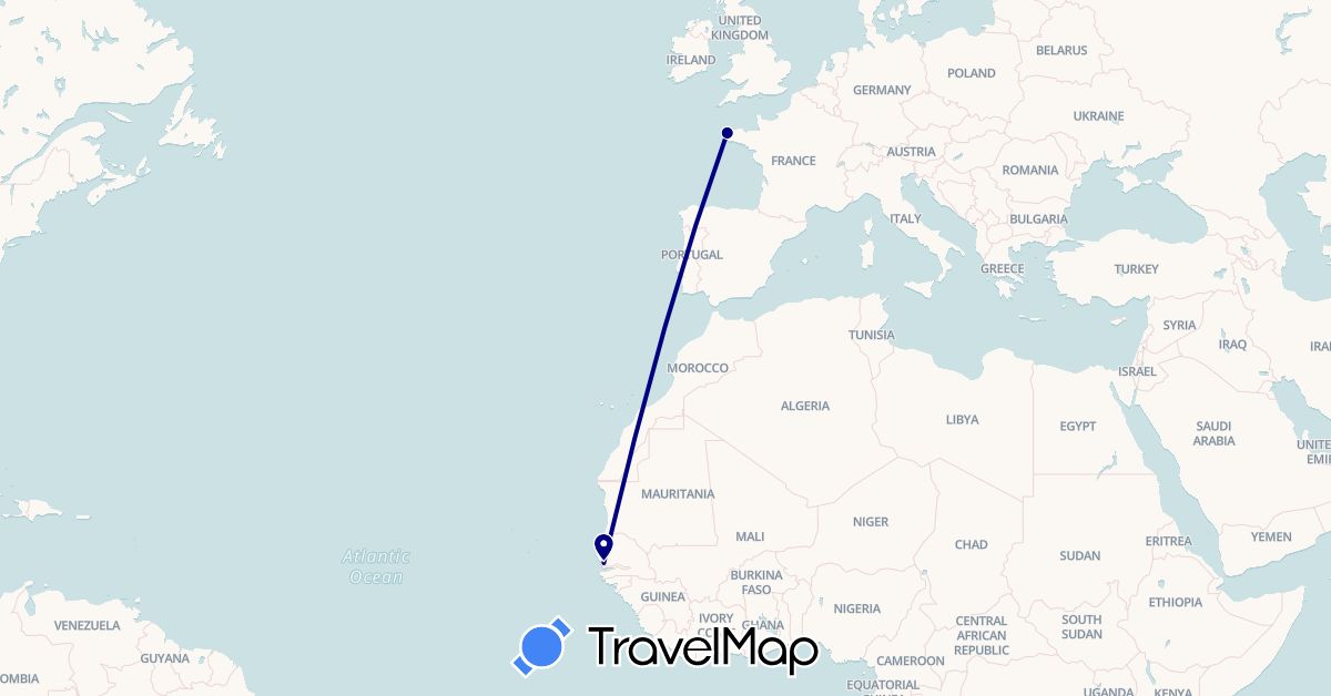 TravelMap itinerary: driving in France, Senegal (Africa, Europe)